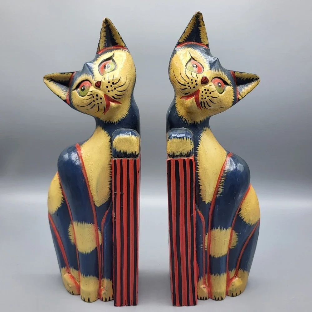 Wooden Cat Bookends Hand Painted Folk Art Colorful Shelf Decor Blue Yellow Red
